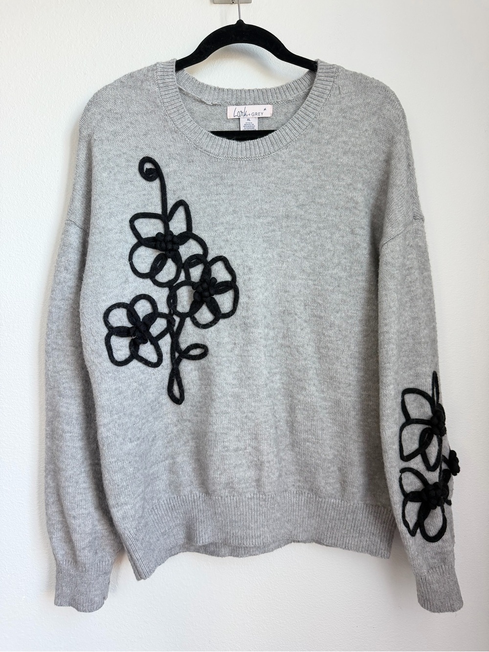 Lark + Grey Light Gray Crewneck Sweater with Black Floral Applique